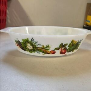 JAJ Pyrex casserole dish in the "Tuscan Vegetable Garden"
